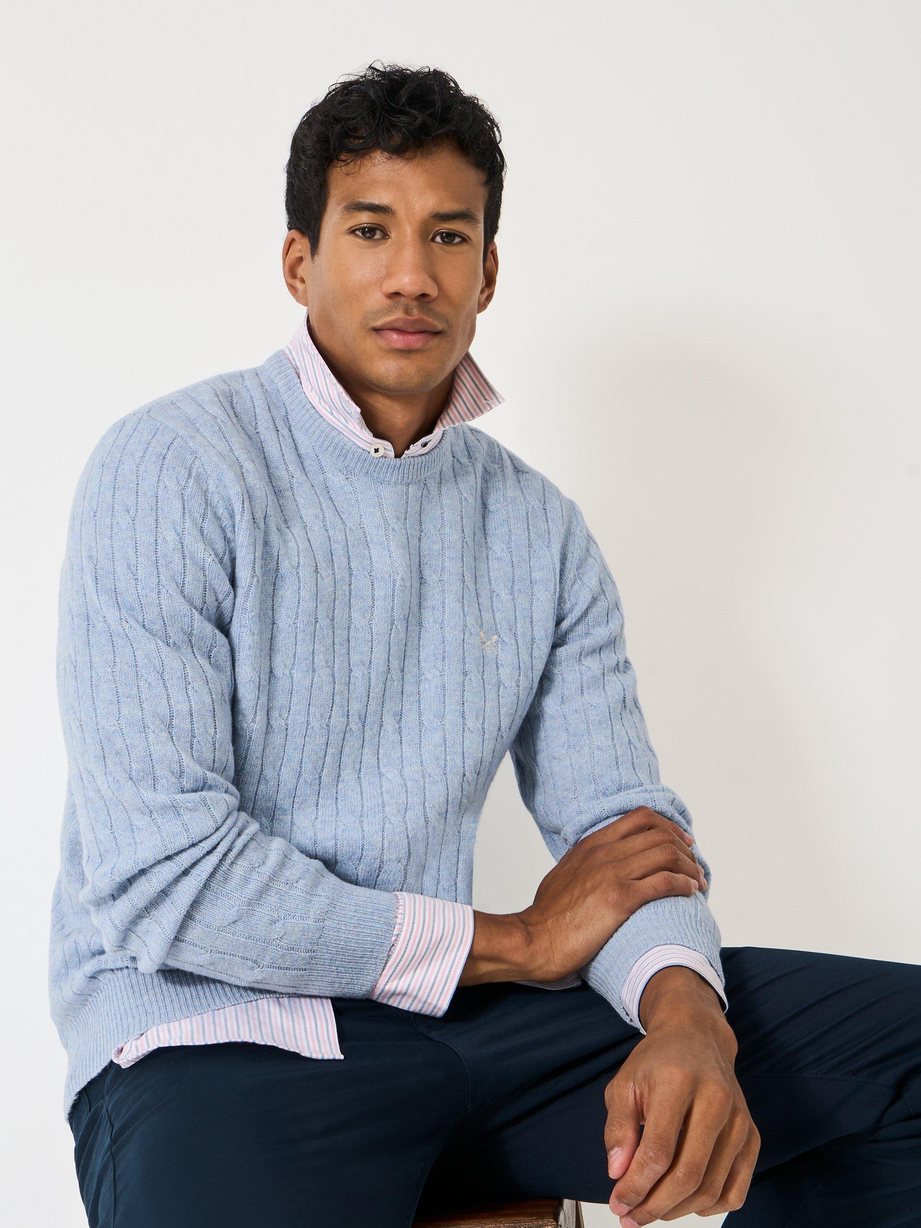 Product image 1 of 5, which shows Crew Clothing Crew Neck Cable Knit Jumper, Light Blue, L