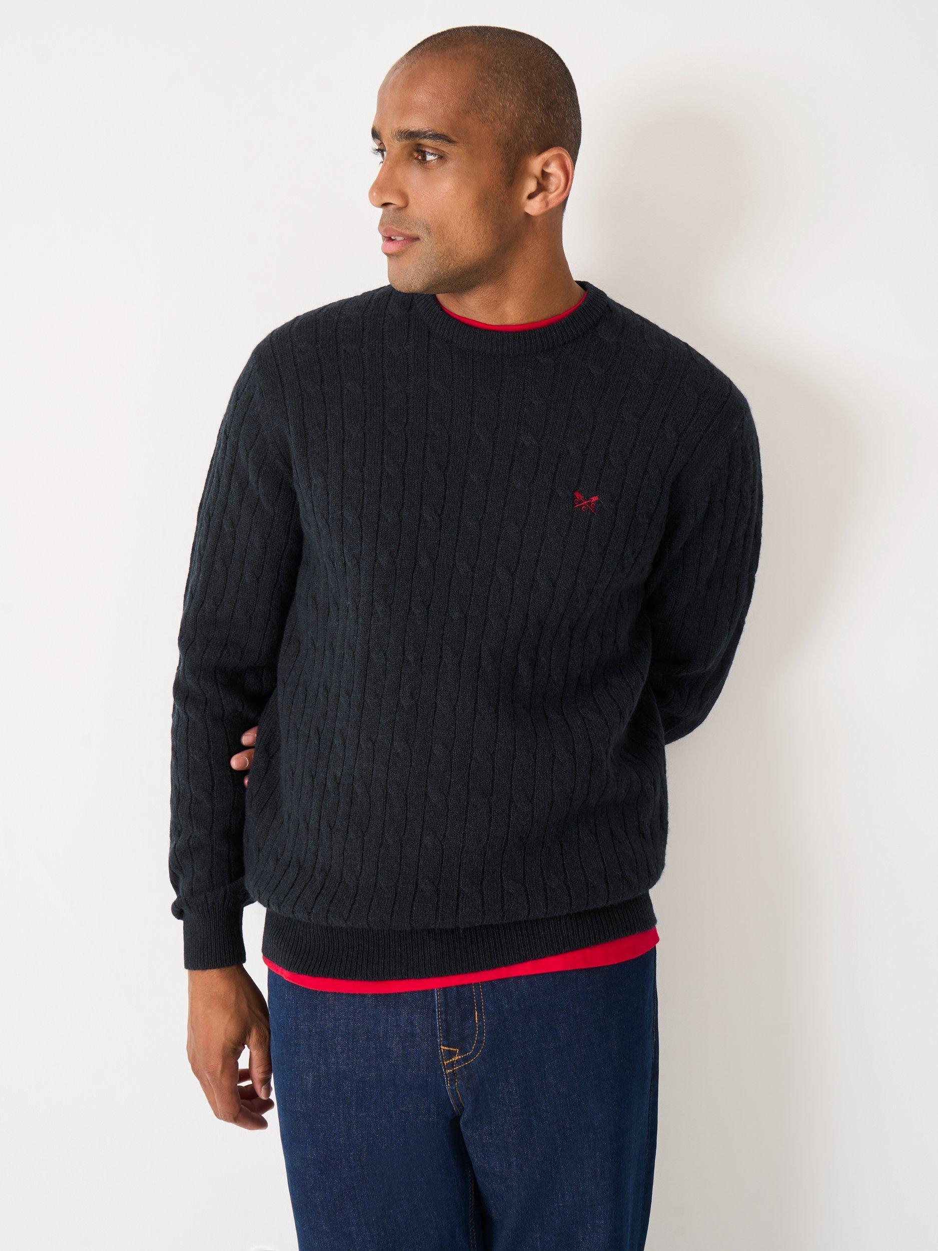 Product image 1 of 5, which shows Crew Clothing Crew Neck Cable Knit Jumper, Navy Blue, XS