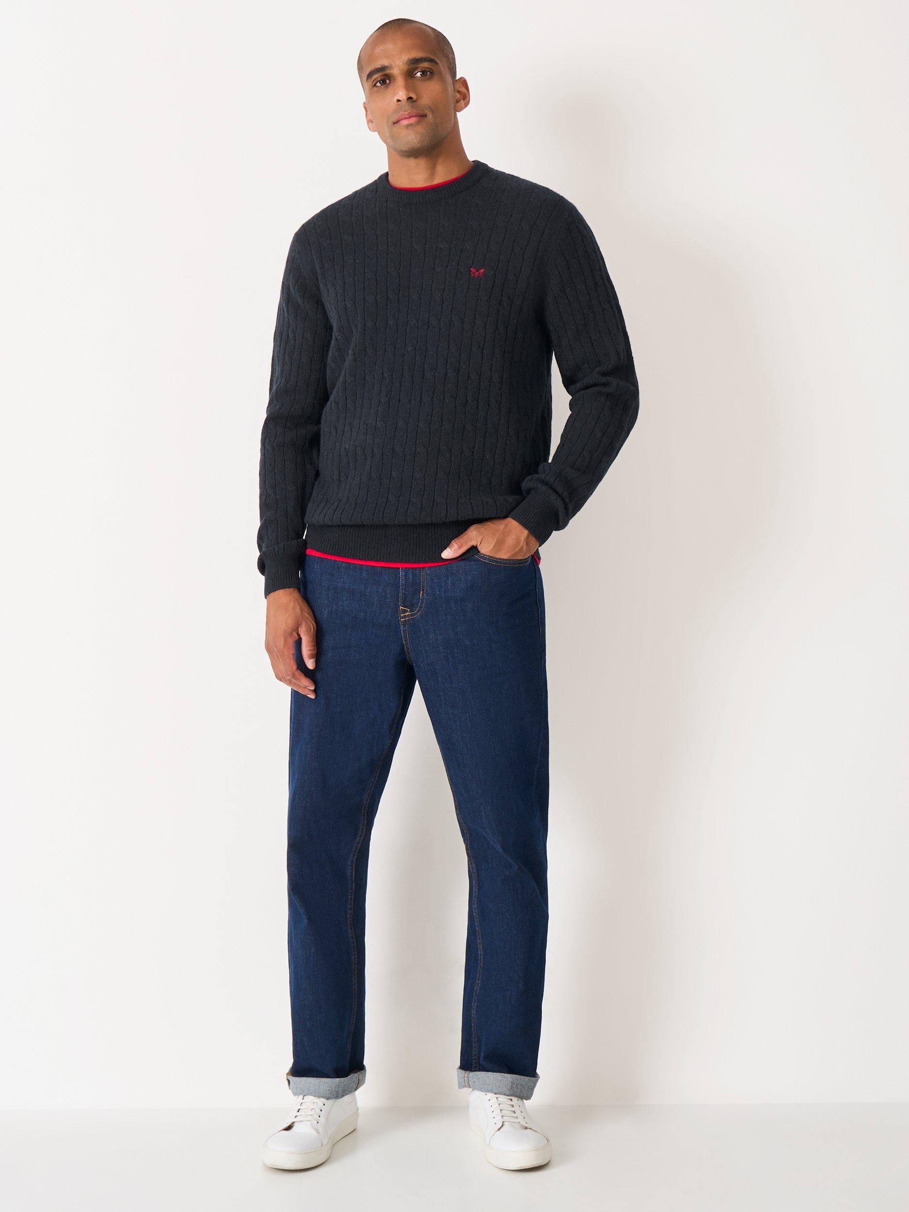 Product image 3 of 5, which shows Crew Clothing Crew Neck Cable Knit Jumper, Navy Blue, XS