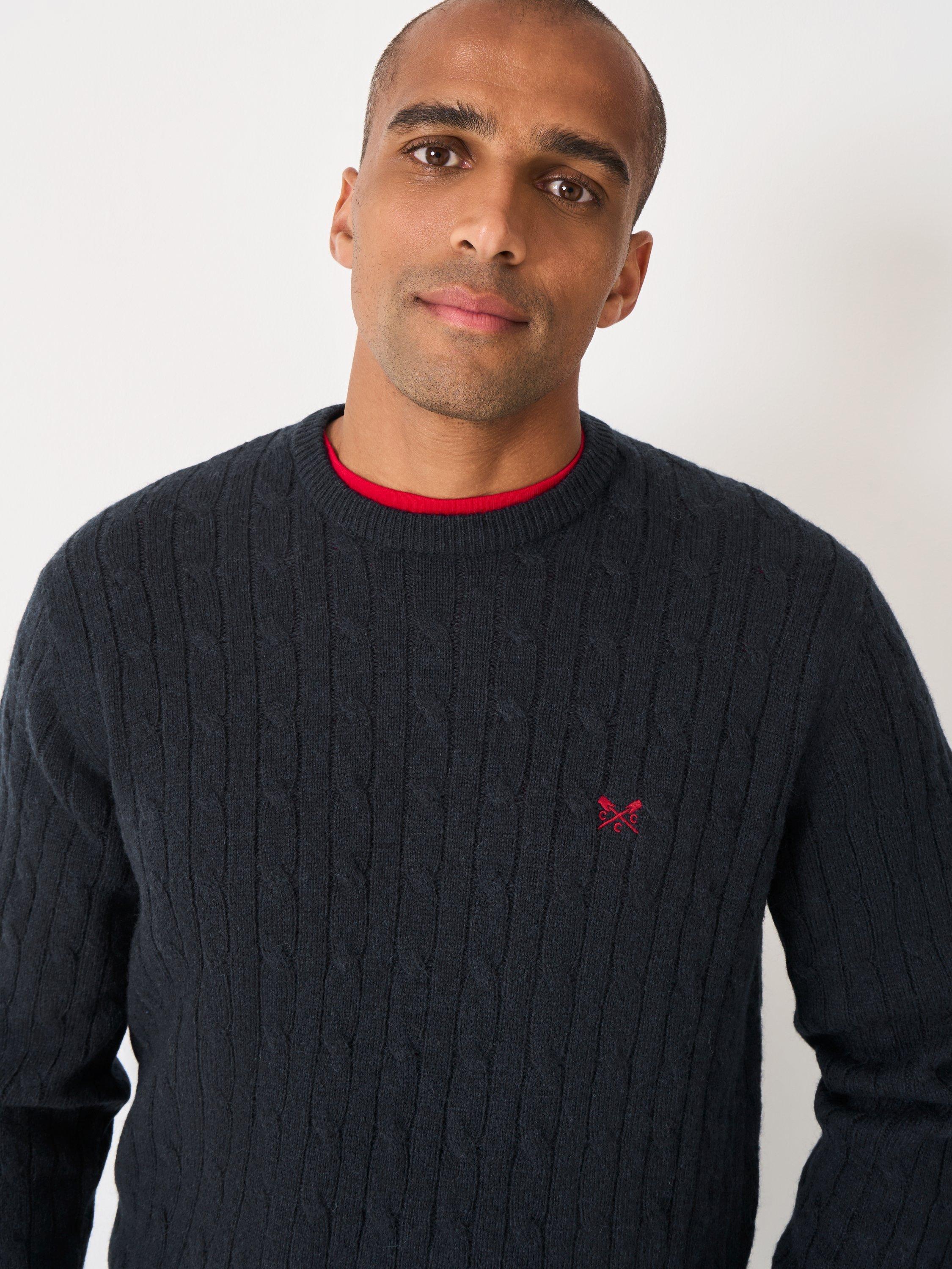 Product image 4 of 5, which shows Crew Clothing Crew Neck Cable Knit Jumper, Navy Blue, XS