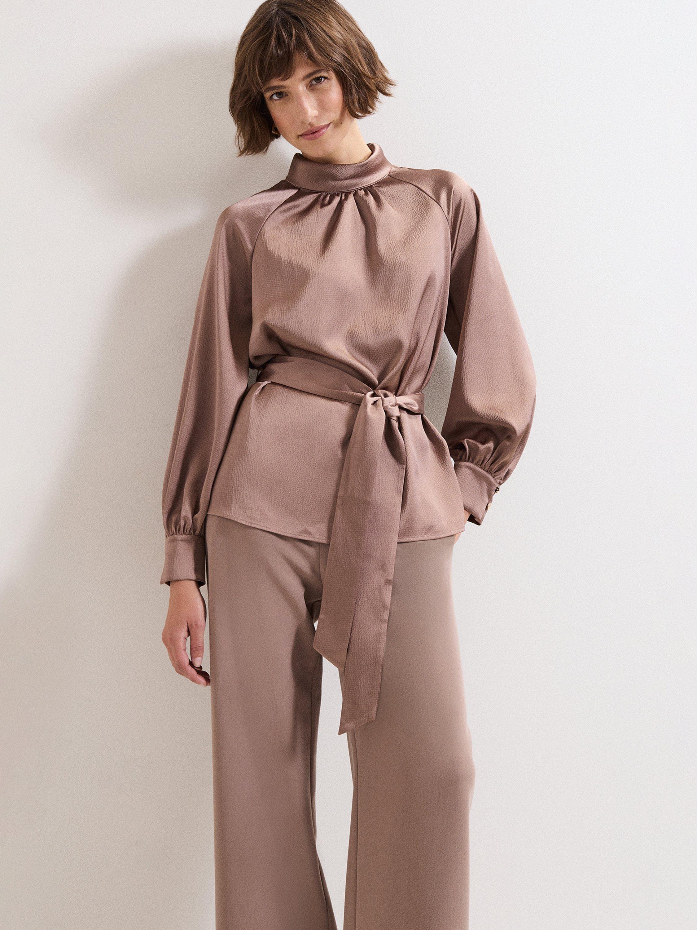 Product image 1 of 9, which shows Phase Eight Celene Tie Waist Top, Brown, 8
