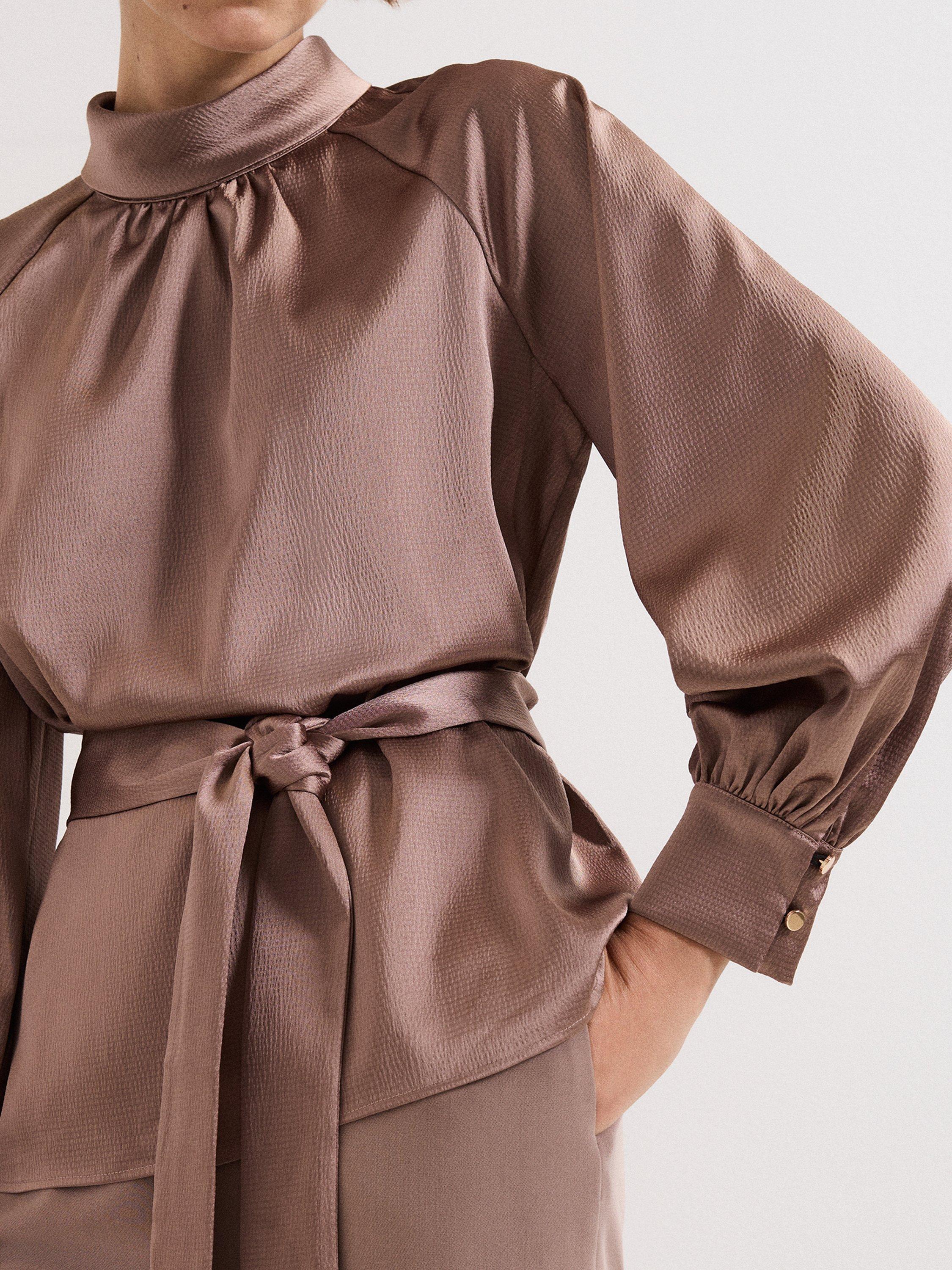 Product image 4 of 9, which shows Phase Eight Celene Tie Waist Top, Brown, 8