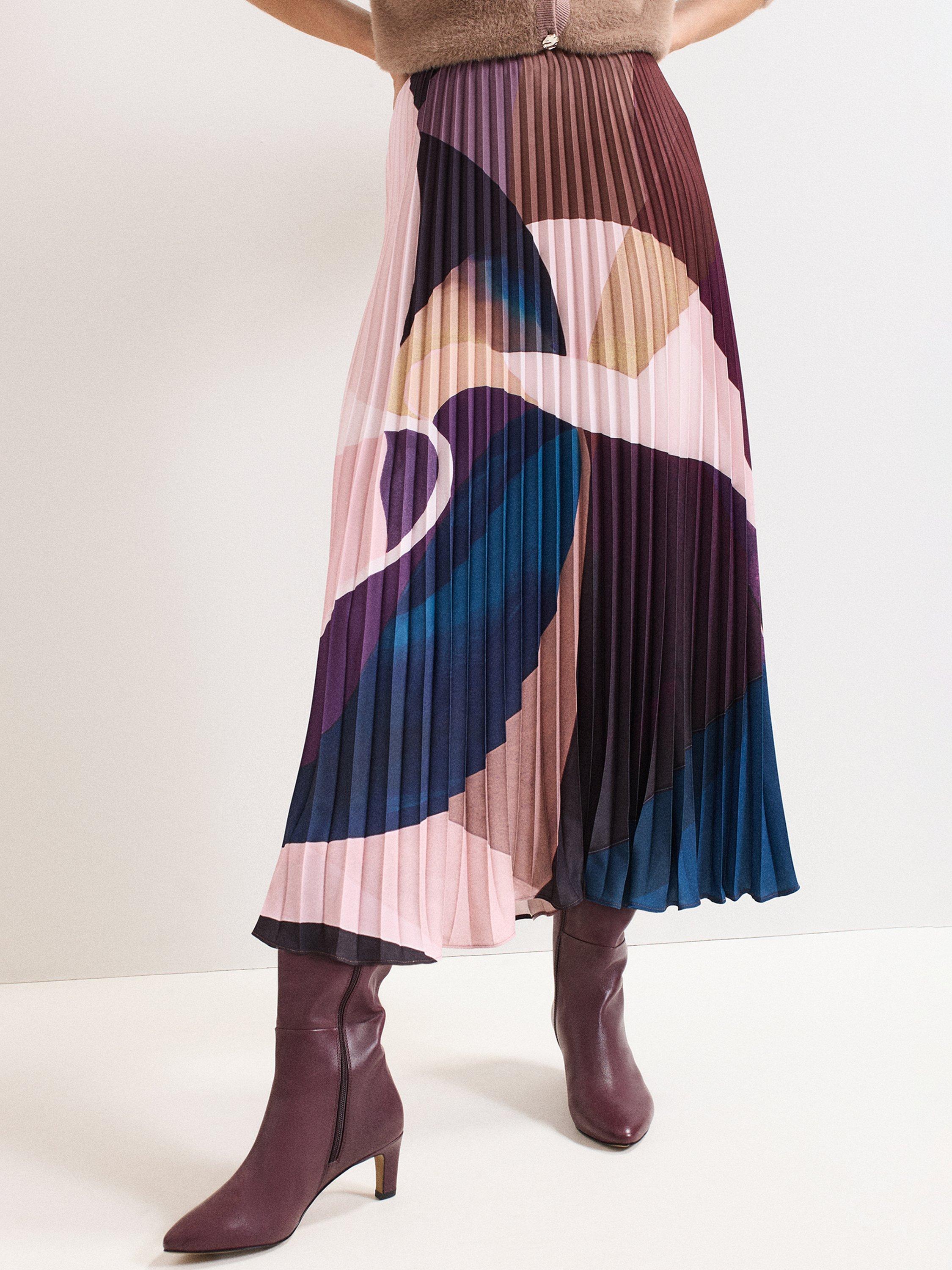 Phase Eight Elmina Abstract Pleated Skirt, Purple/Multi