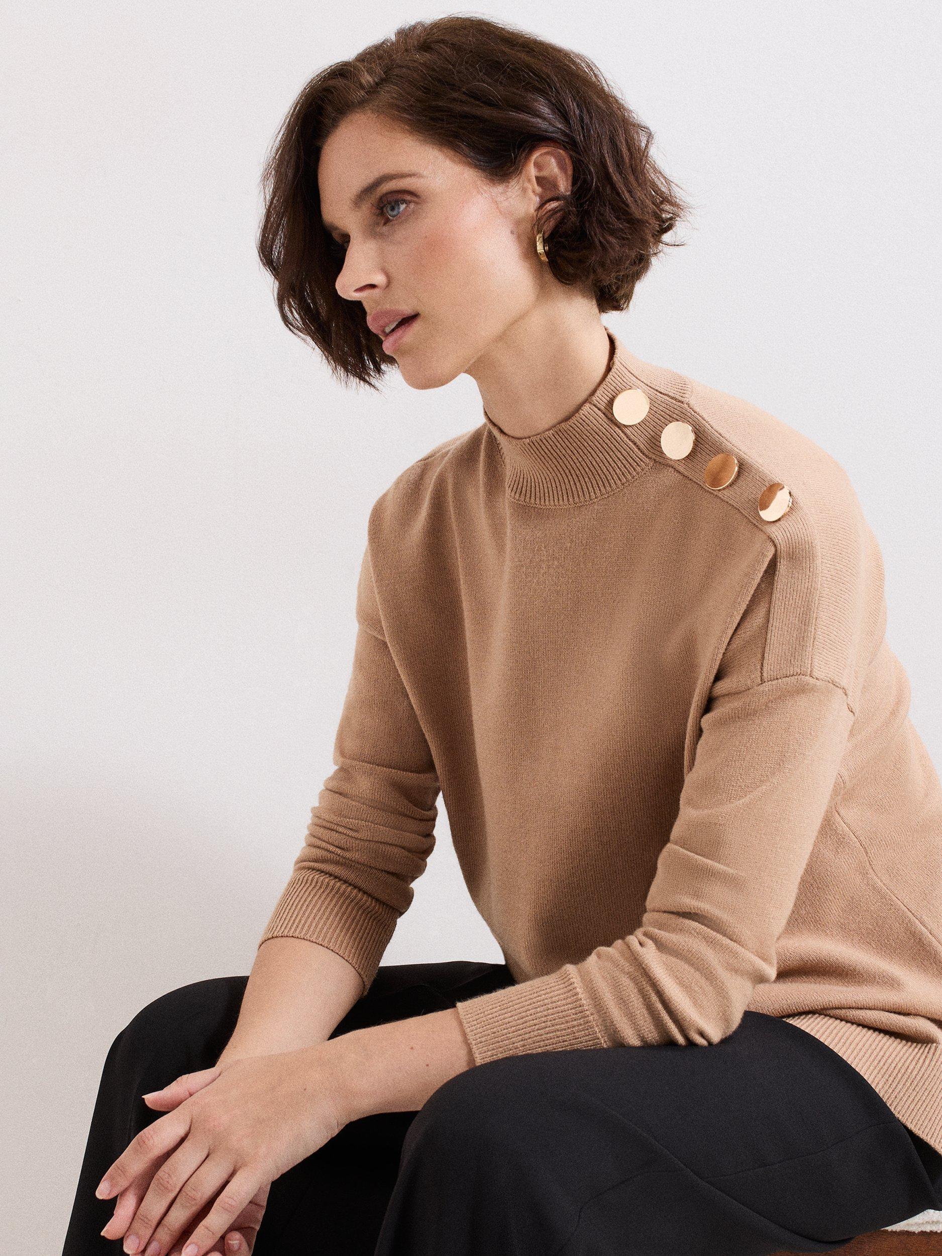 Product image 8 of 9, which shows Phase Eight Holly Button Shoulder Jumper, Brown, XS