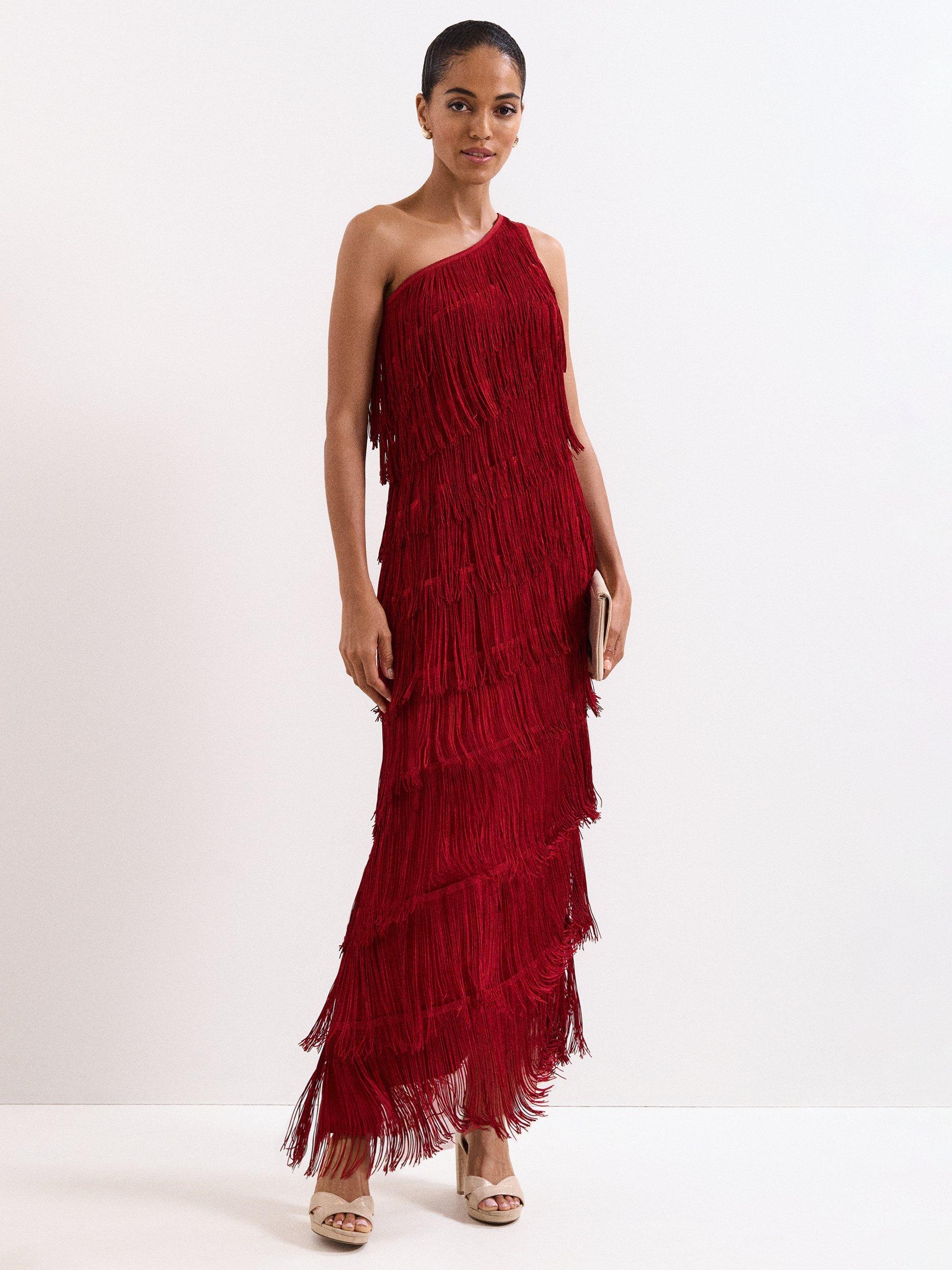 Product image 1 of 10, which shows Phase Eight Otto Fringed Maxi Dress, Dark Red, 6