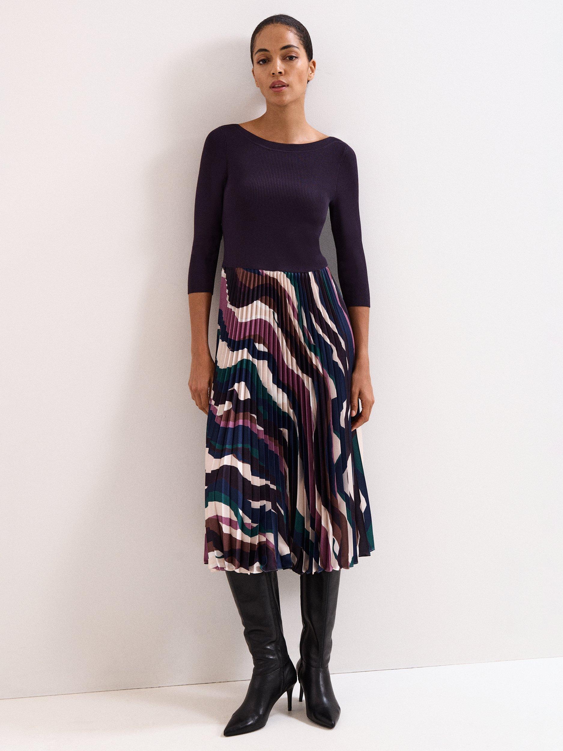 Product image 1 of 8, which shows Phase Eight Petite Riley Pleated Dress, Multi, 6