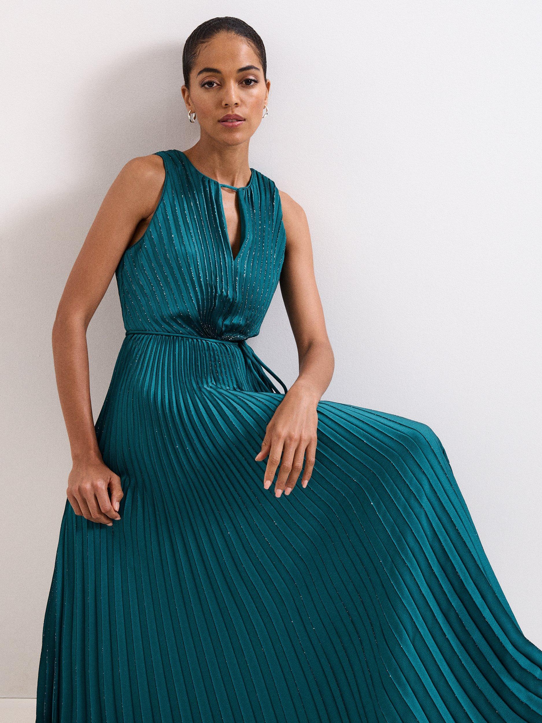 Product image 4 of 10, which shows Phase Eight Simara Pleated Maxi Dress, Green, 12