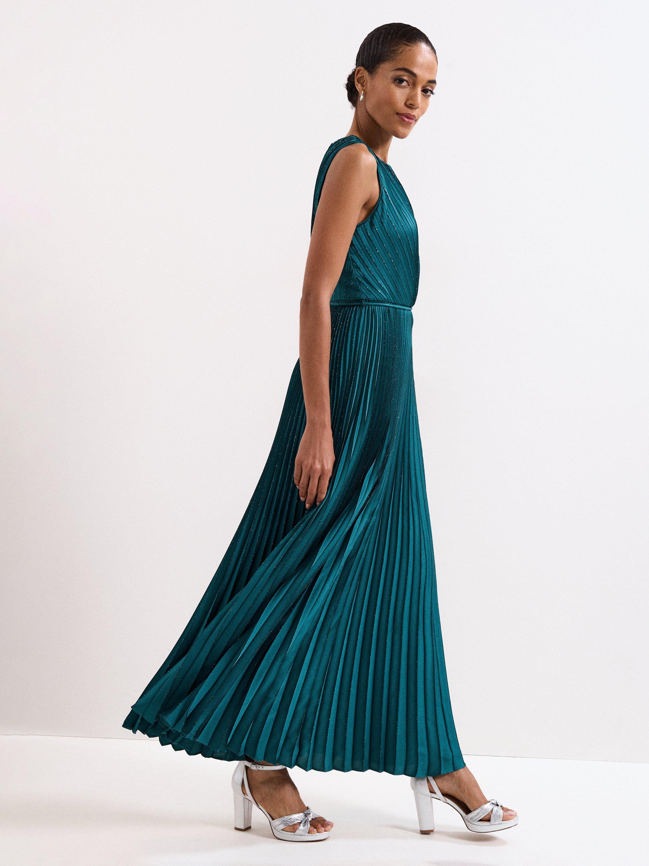 Product image 10 of 10, which shows Phase Eight Simara Pleated Maxi Dress, Green, 12