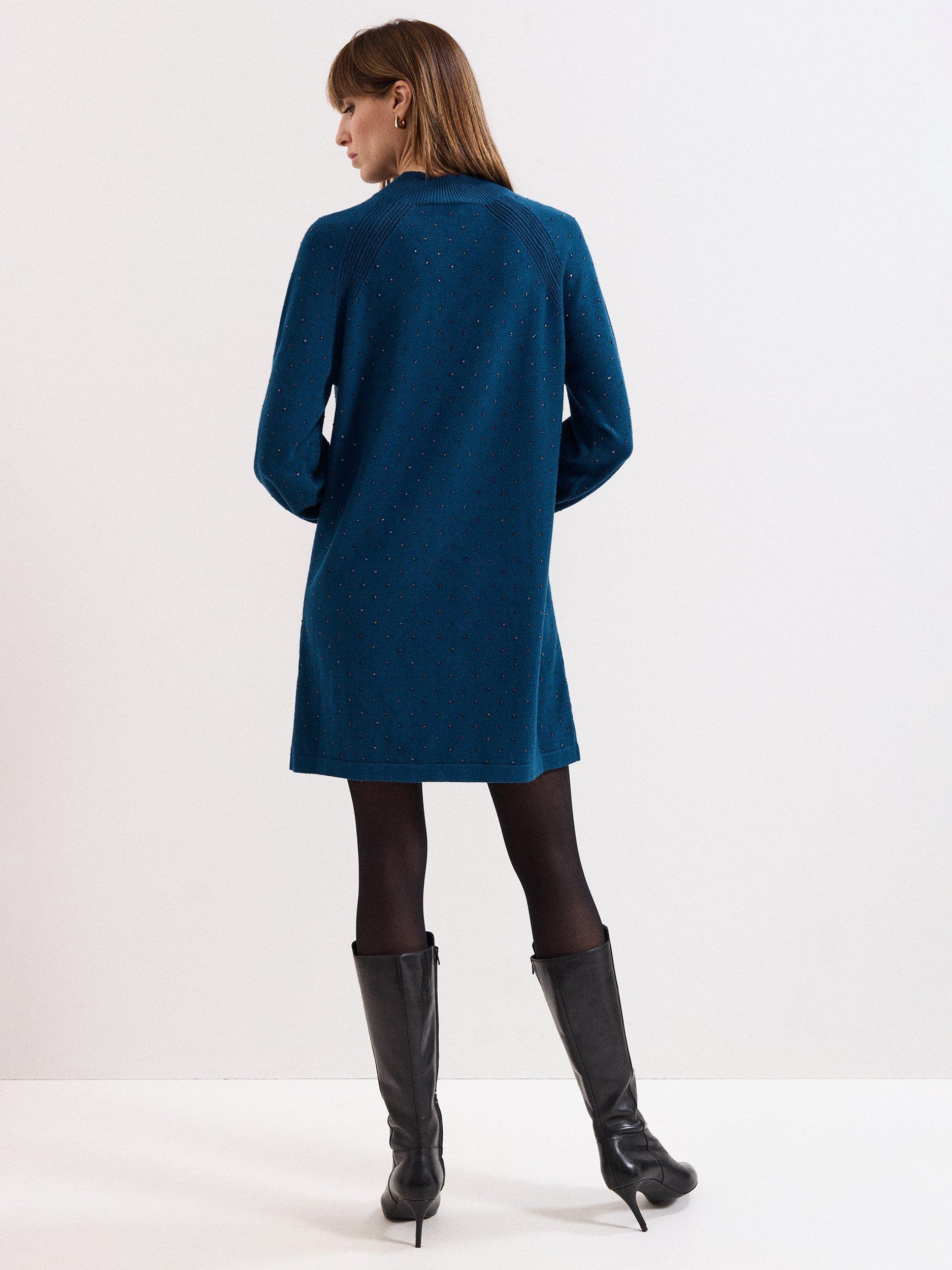 Product image 2 of 6, which shows Phase Eight Tala Stud Jumper Mini Dress, Teal, 16