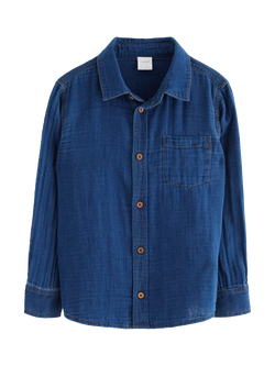 Lindex Kids' Cotton Long Sleeved Shirt, Medium Blue, Medium Blue