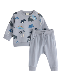 Lindex Kids' Cotton Dino Sweatshirt and Joggers Set, Light Dusty Grey, Light Dusty Grey