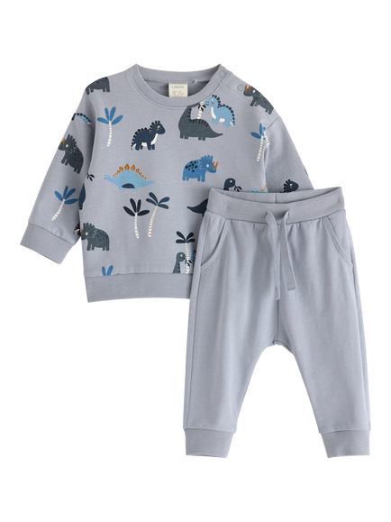 Lindex Kids' Cotton Dino Sweatshirt and Joggers Set, Light Dusty Grey, Light Dusty Grey