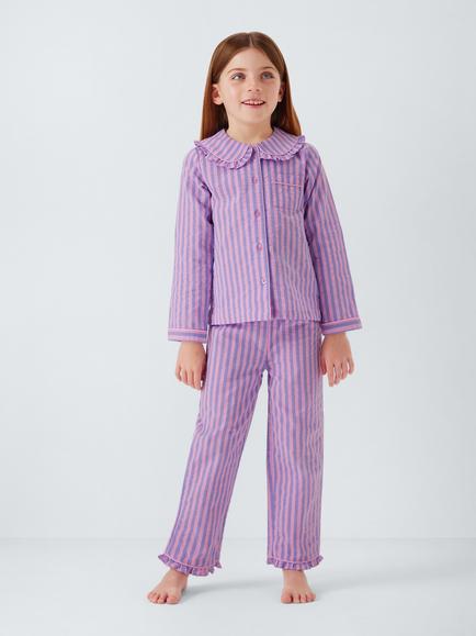 John Lewis Kids' Stripe Ruffle Collar Woven Pyjamas, Multi, Multi