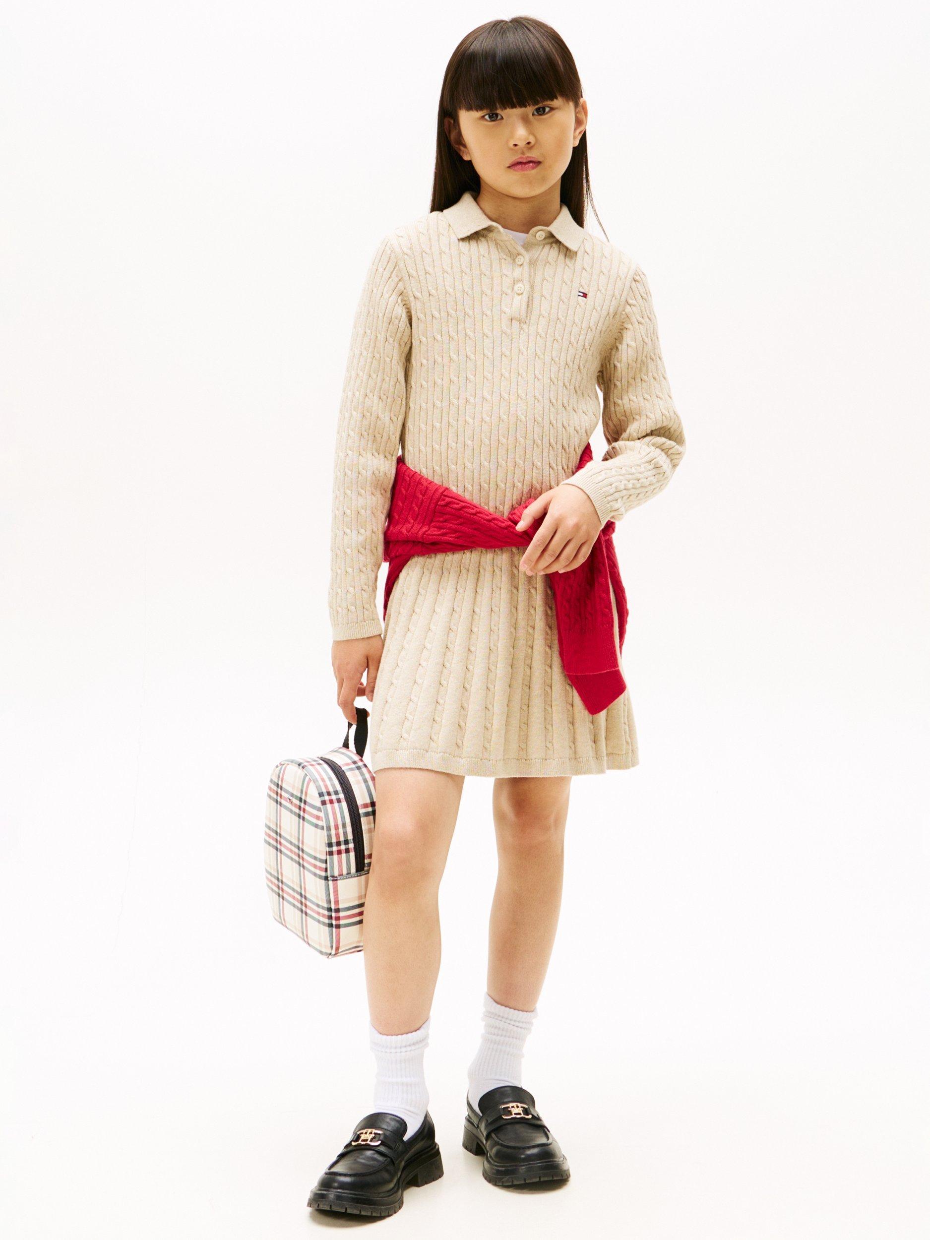 Tommy Hilfiger Kids' Cable Knit Polo Collar Jumper Dress, Malted