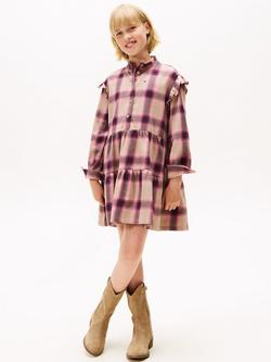 Tommy Hilfiger Kids' Cotton Check Long Sleeve Ruffle Mini Dress, Malted Milk Aop