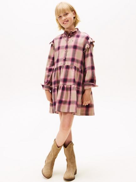 Tommy Hilfiger Kids' Cotton Check Long Sleeve Ruffle Mini Dress, Malted Milk Aop