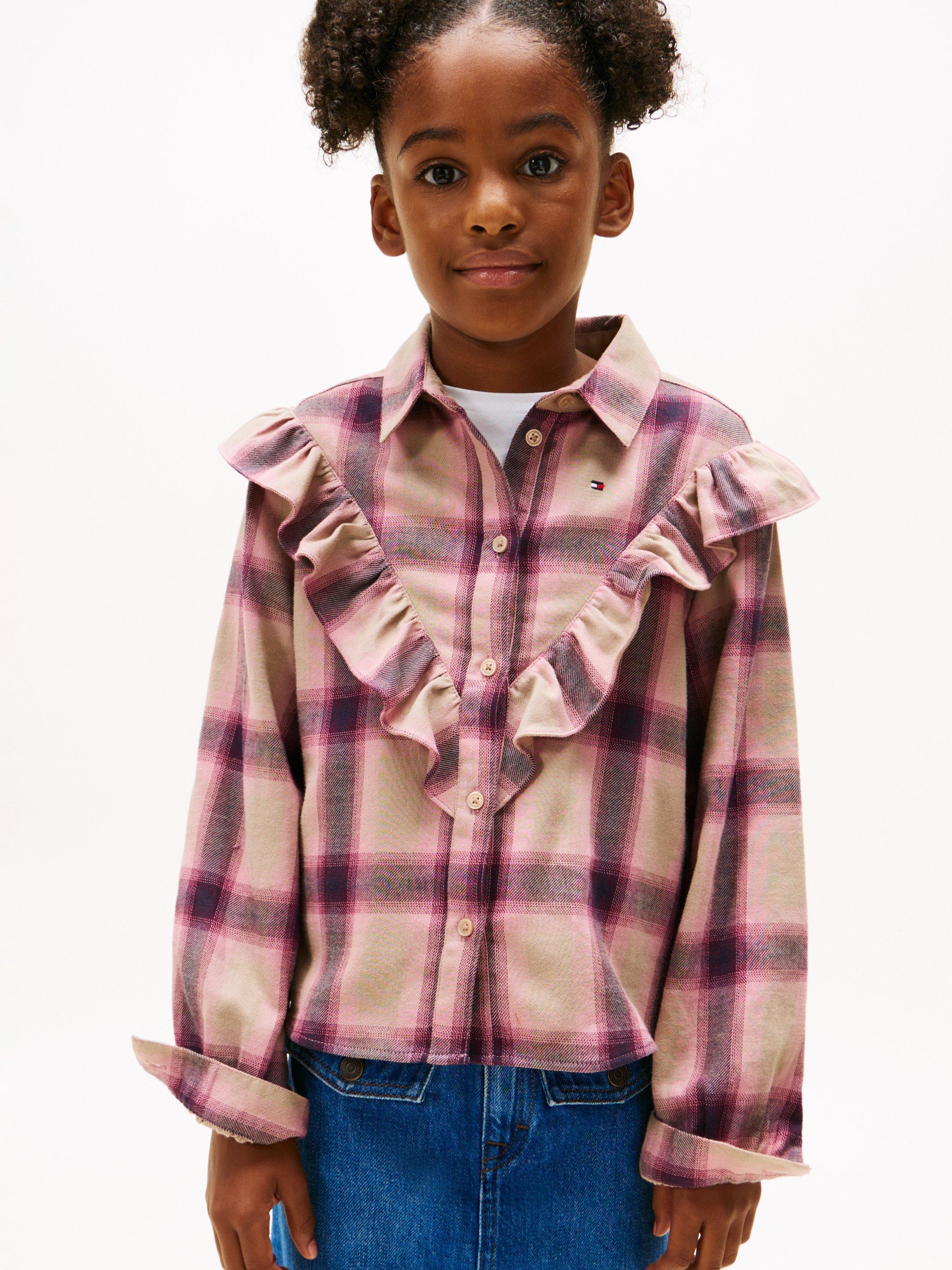 Product image 1 of 5, which shows Tommy Hilfiger Kids' Cotton Check Ruffle Blouse, Malted Milk, 8 years
