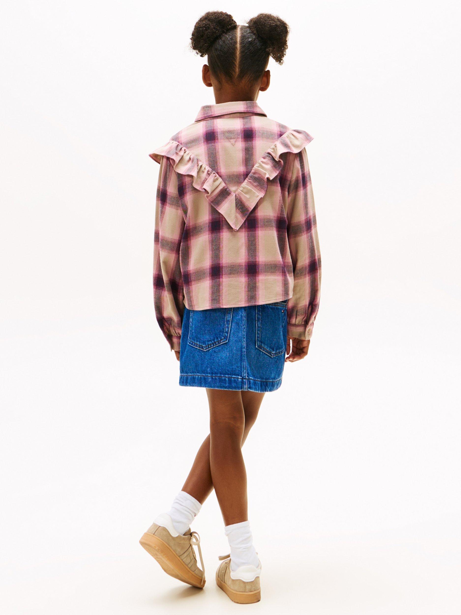 Product image 2 of 5, which shows Tommy Hilfiger Kids' Cotton Check Ruffle Blouse, Malted Milk, 8 years