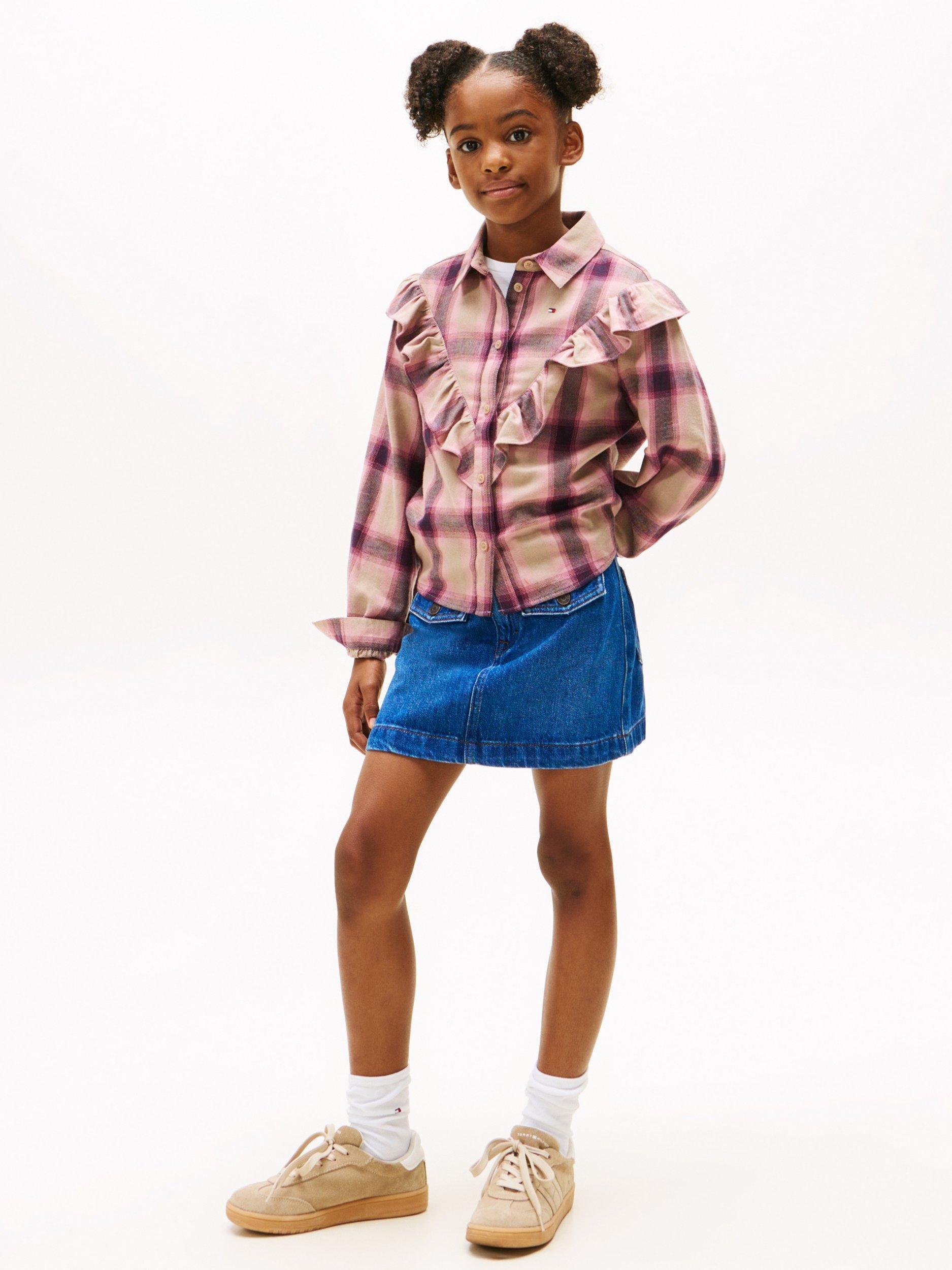 Product image 3 of 5, which shows Tommy Hilfiger Kids' Cotton Check Ruffle Blouse, Malted Milk, 8 years