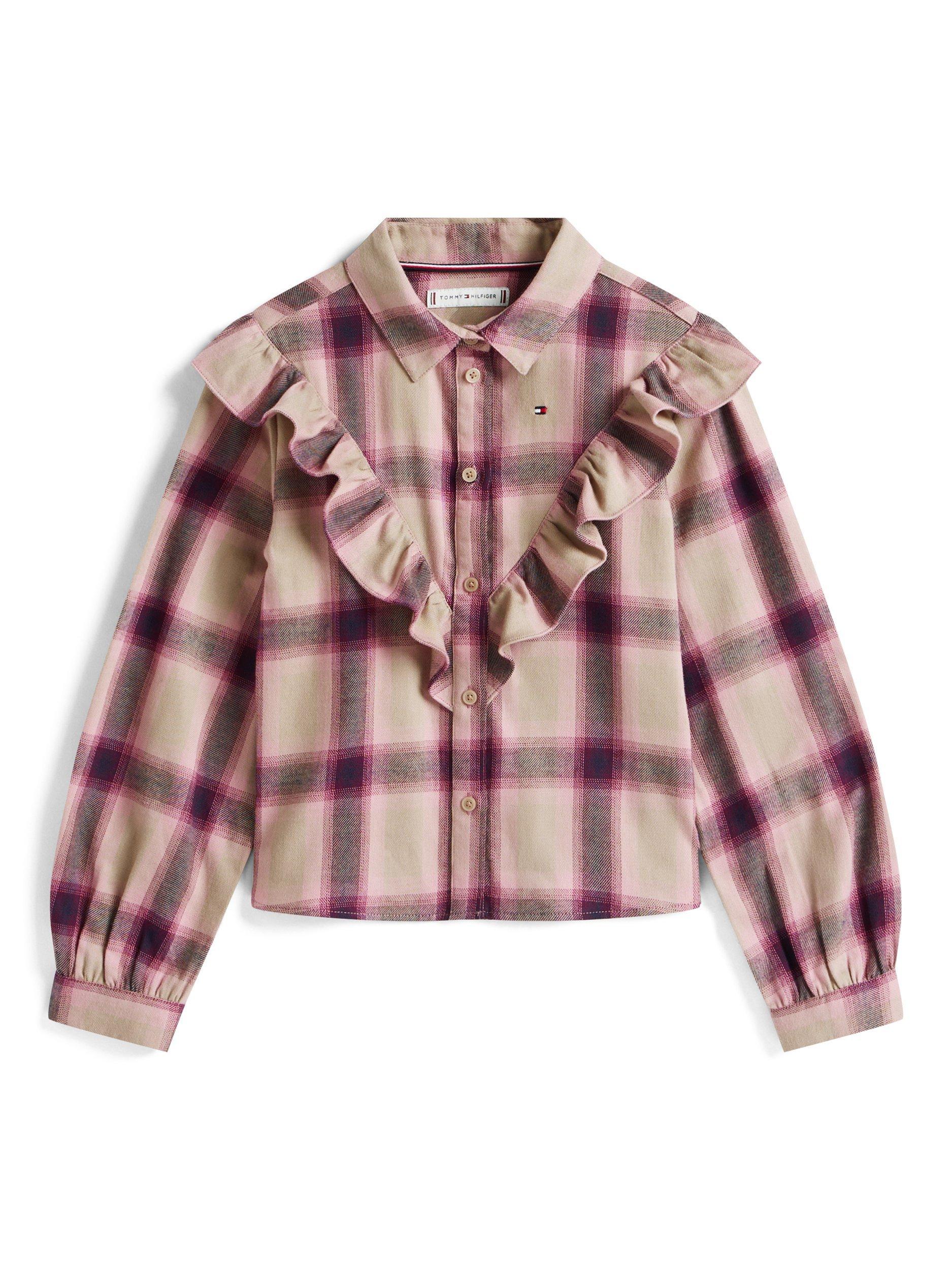Product image 4 of 5, which shows Tommy Hilfiger Kids' Cotton Check Ruffle Blouse, Malted Milk, 8 years
