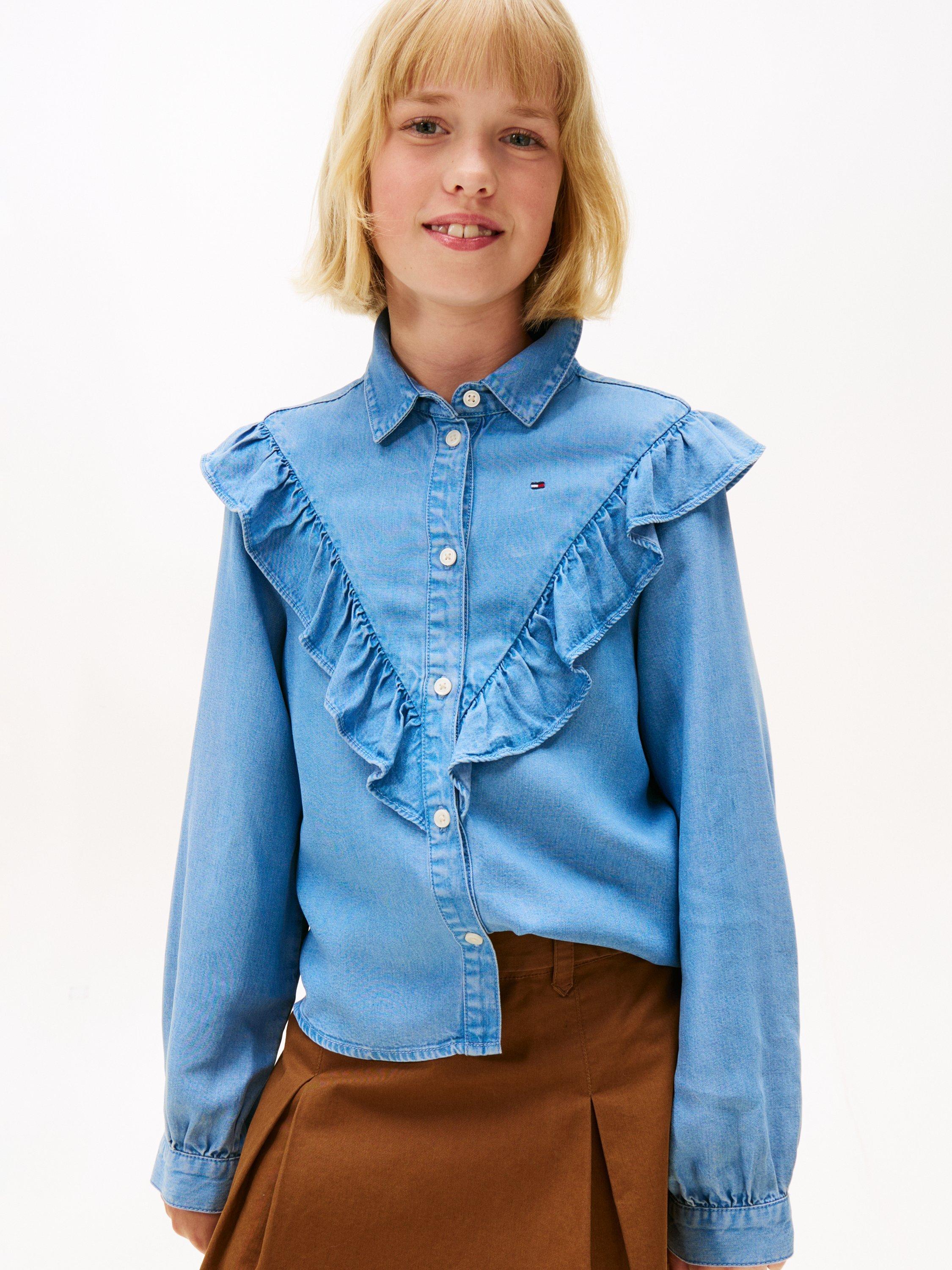 Product image 1 of 5, which shows Tommy Hilfiger Kids' Ruffle Blouse, Denim Blue, 10 years