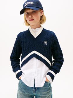 Tommy Hilfiger Kids' Cropped Cable Knit Jumper, Dark Night Navy, Dark Night Navy