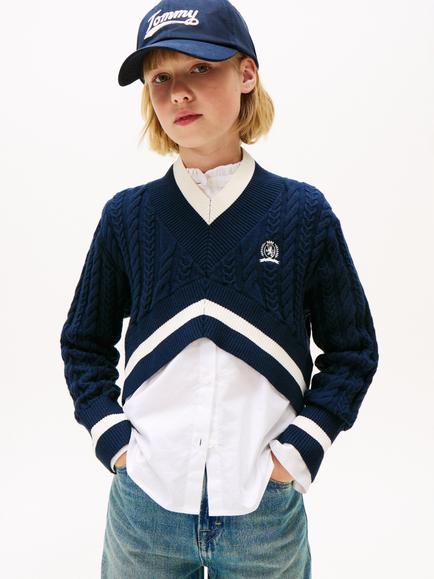 Tommy Hilfiger Kids' Cropped Cable Knit Jumper, Dark Night Navy, Dark Night Navy