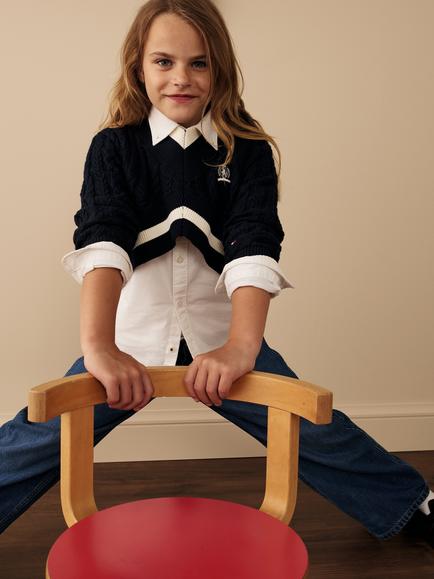 Tommy Hilfiger Kids' Cropped Cable Knit Jumper, Dark Night Navy - view 2, Dark Night Navy