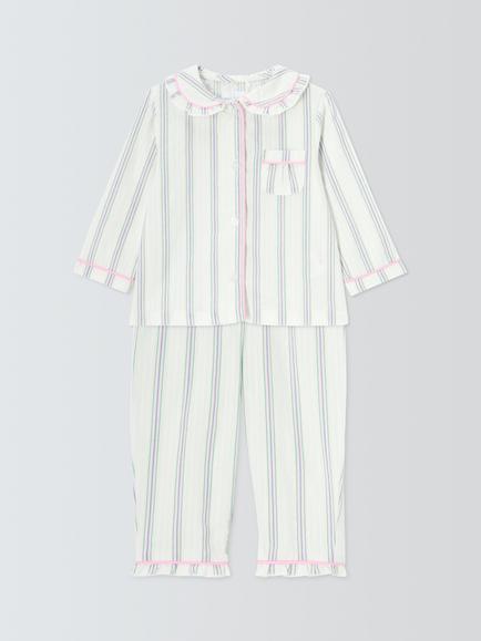 John Lewis Baby Ruffle Collar Woven Stripe Pyjamas, White Multi, White Multi