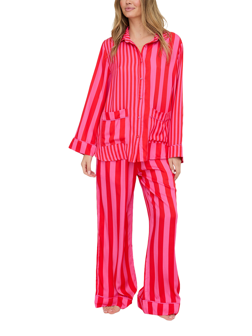 Product image 1 of 6, which shows Lily and Lionel Evie Stripe Button Through Long Pyjama Set, Pink, S