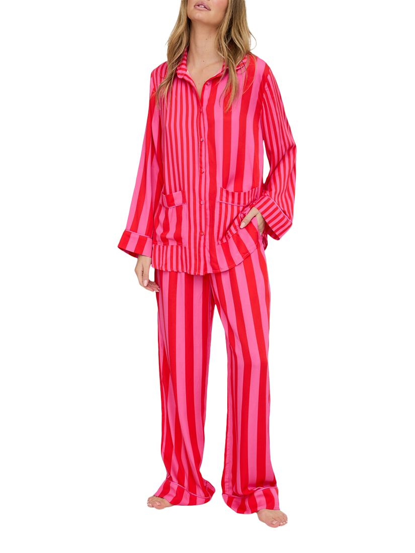 Product image 2 of 6, which shows Lily and Lionel Evie Stripe Button Through Long Pyjama Set, Pink, S