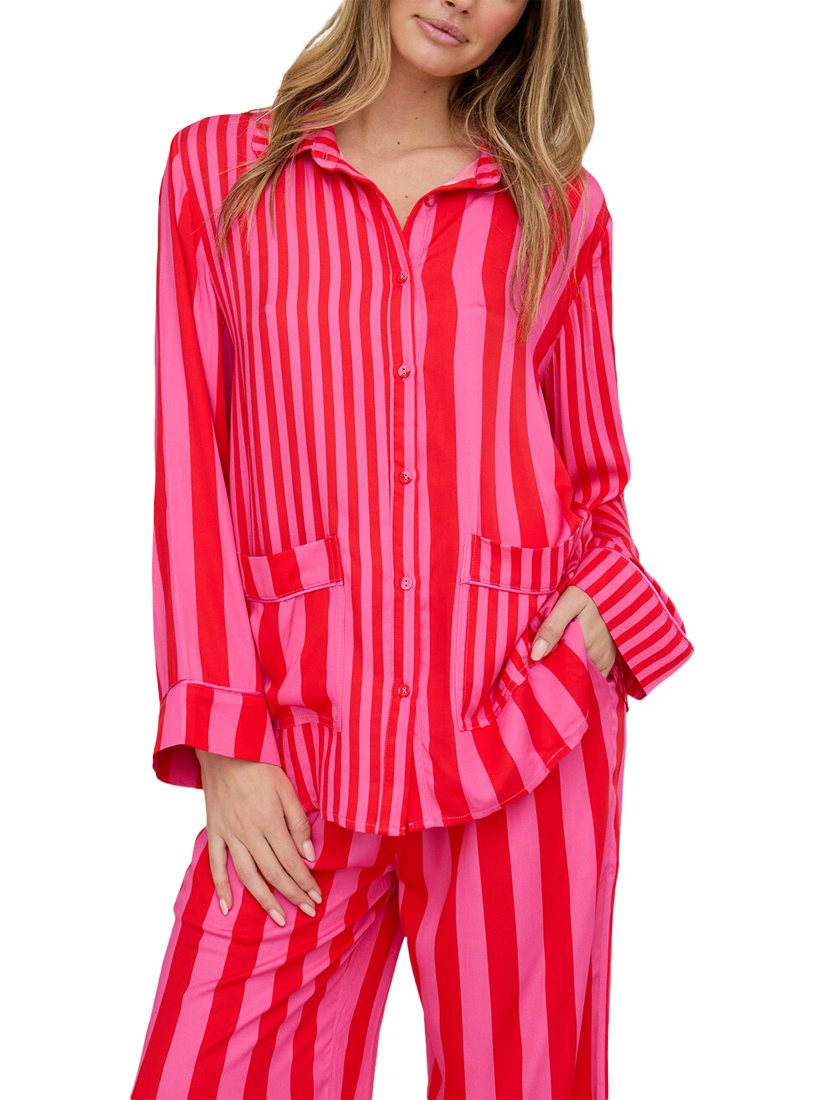 Product image 3 of 6, which shows Lily and Lionel Evie Stripe Button Through Long Pyjama Set, Pink, S