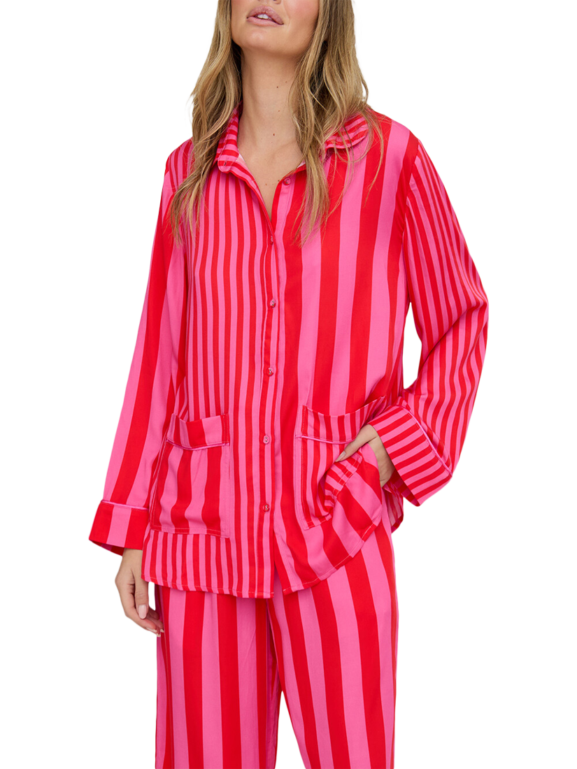 Product image 4 of 6, which shows Lily and Lionel Evie Stripe Button Through Long Pyjama Set, Pink, S