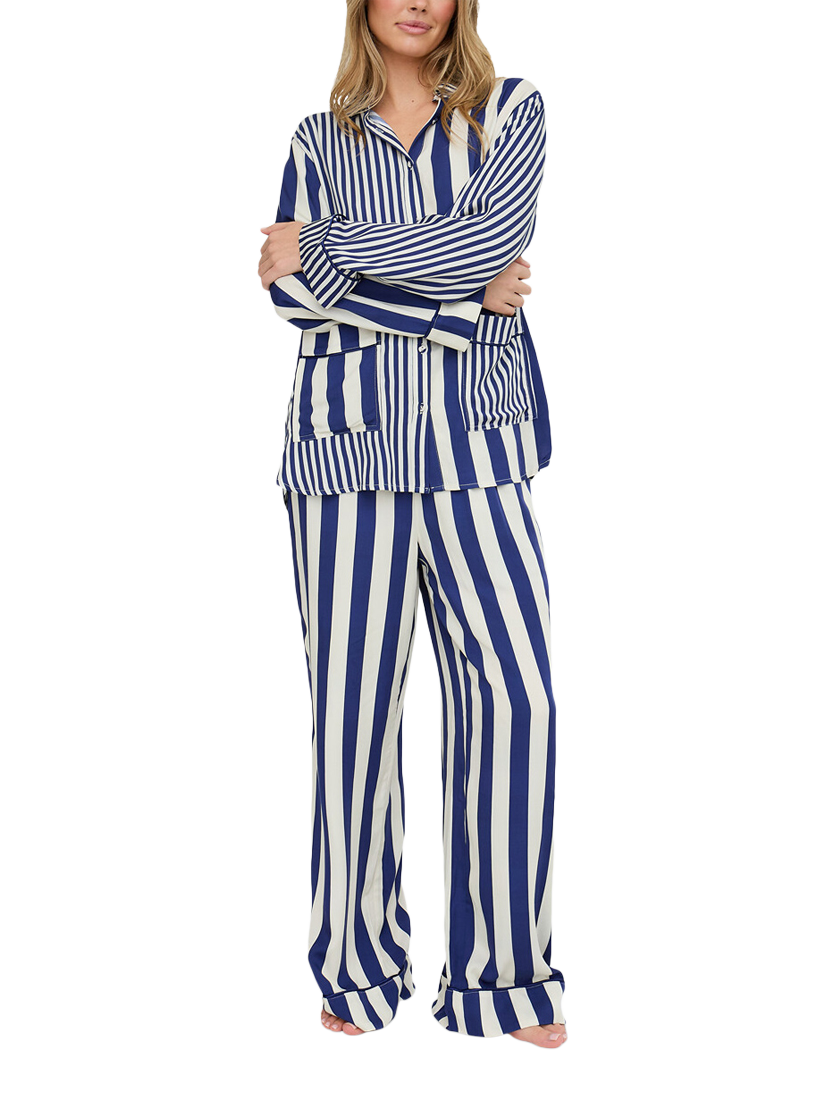 Product image 1 of 6, which shows Lily and Lionel Evie Stripe Button Through Long Pyjama Set, Navy, S