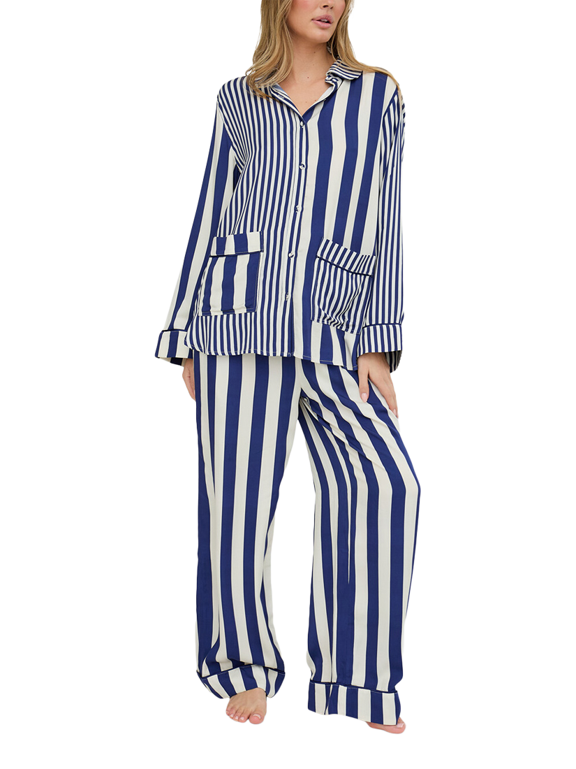 Product image 2 of 6, which shows Lily and Lionel Evie Stripe Button Through Long Pyjama Set, Navy, S