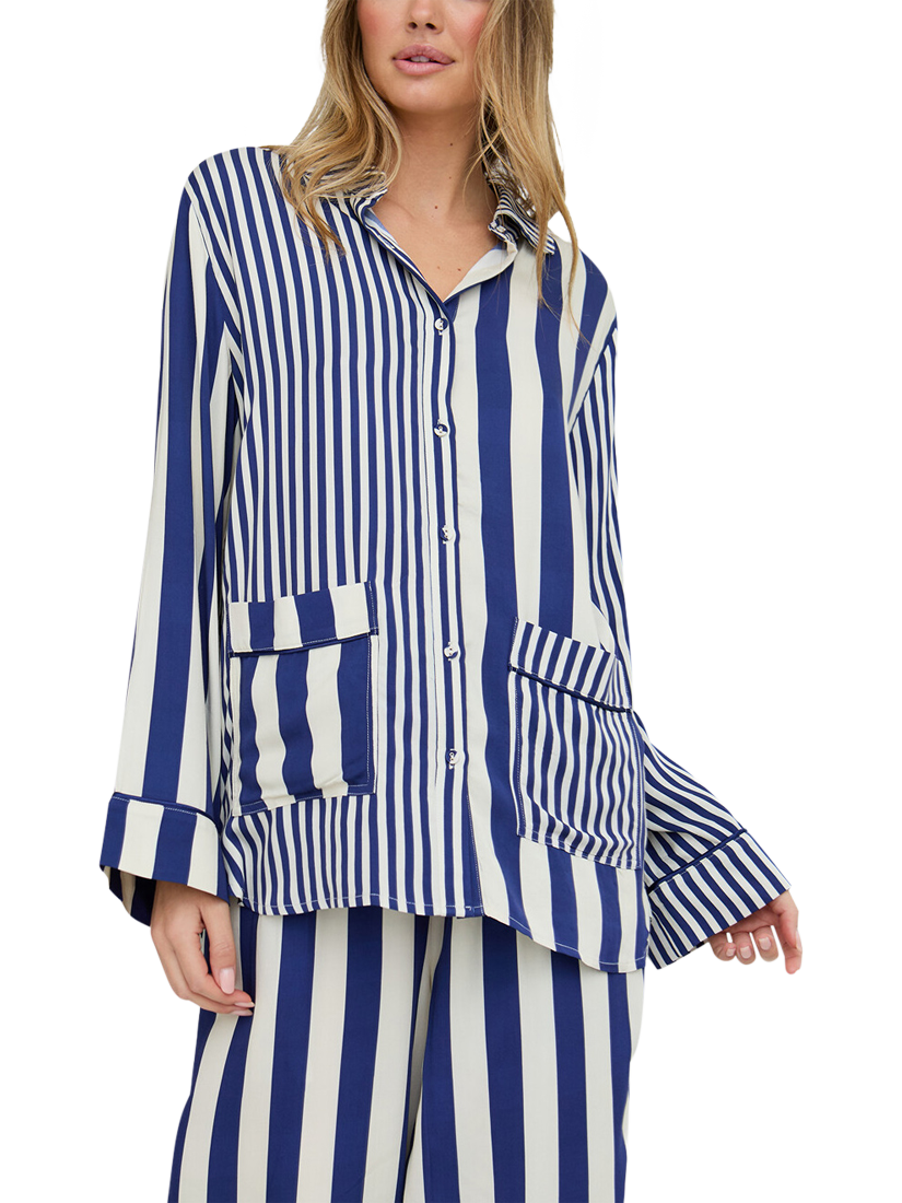 Product image 3 of 6, which shows Lily and Lionel Evie Stripe Button Through Long Pyjama Set, Navy, S