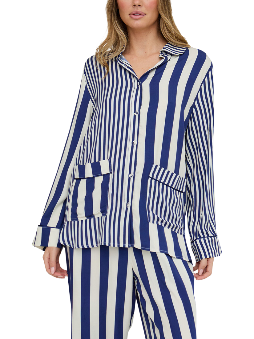 Product image 4 of 6, which shows Lily and Lionel Evie Stripe Button Through Long Pyjama Set, Navy, S