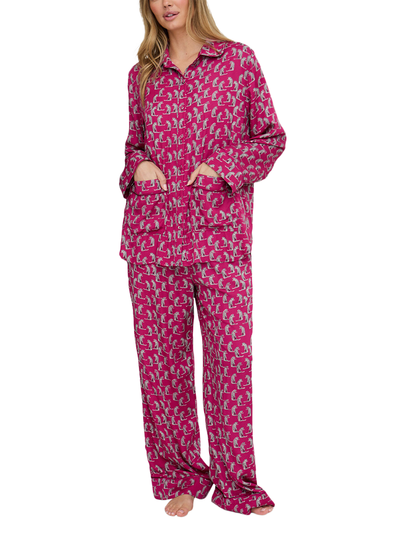 Product image 1 of 6, which shows Lily and Lionel Evie Leopards Button Through Long Pyjama Set, Burgandy, S