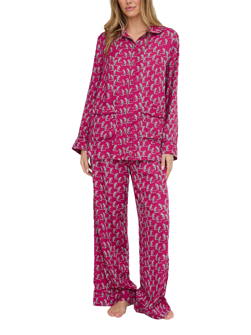 Product image 2 of 6, which shows Lily and Lionel Evie Leopards Button Through Long Pyjama Set, Burgandy, S