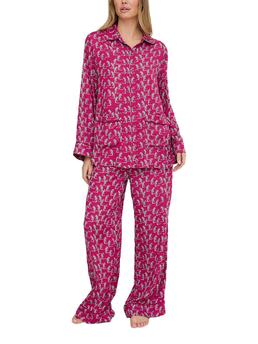 Product image 3 of 6, which shows Lily and Lionel Evie Leopards Button Through Long Pyjama Set, Burgandy, S