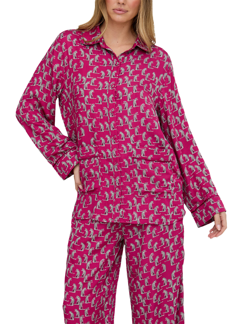 Product image 4 of 6, which shows Lily and Lionel Evie Leopards Button Through Long Pyjama Set, Burgandy, S