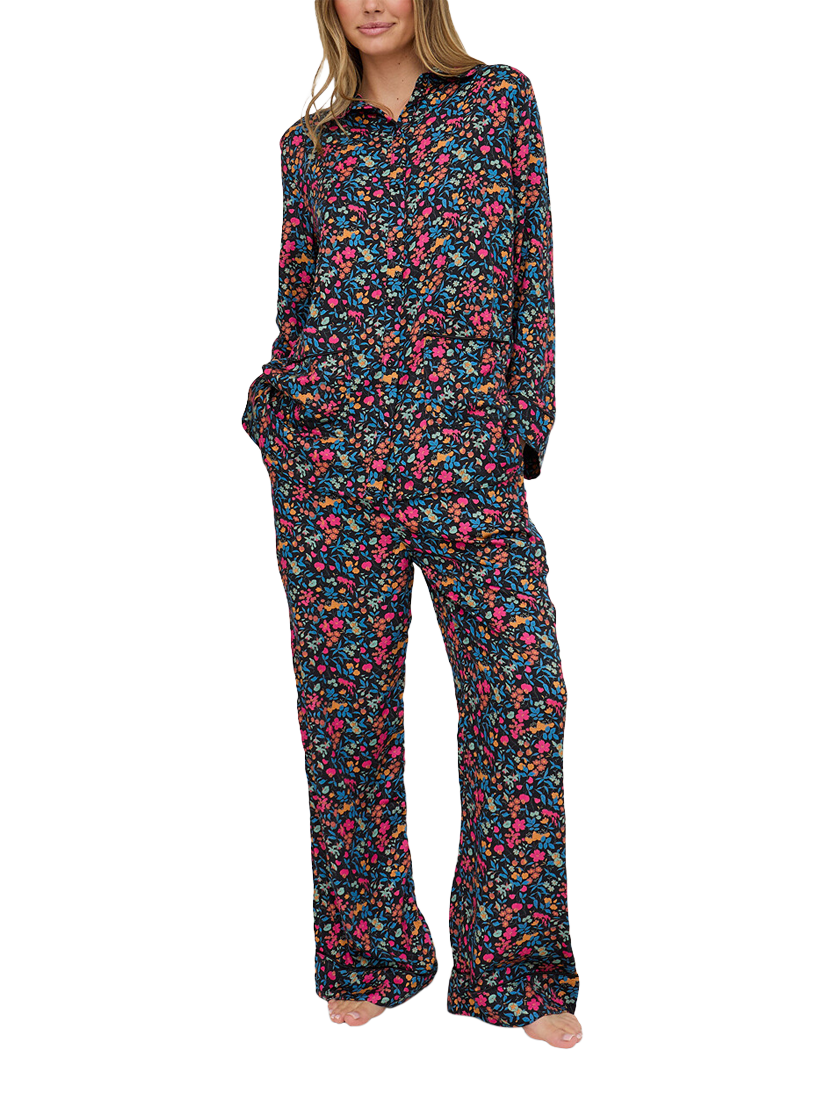 Product image 1 of 6, which shows Lily and Lionel Evie Floral Button Through Long Pyjama Set, Black, S