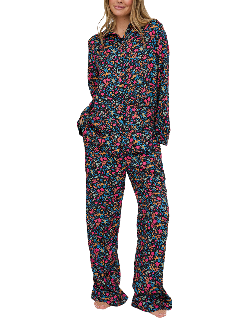 Product image 2 of 6, which shows Lily and Lionel Evie Floral Button Through Long Pyjama Set, Black, S