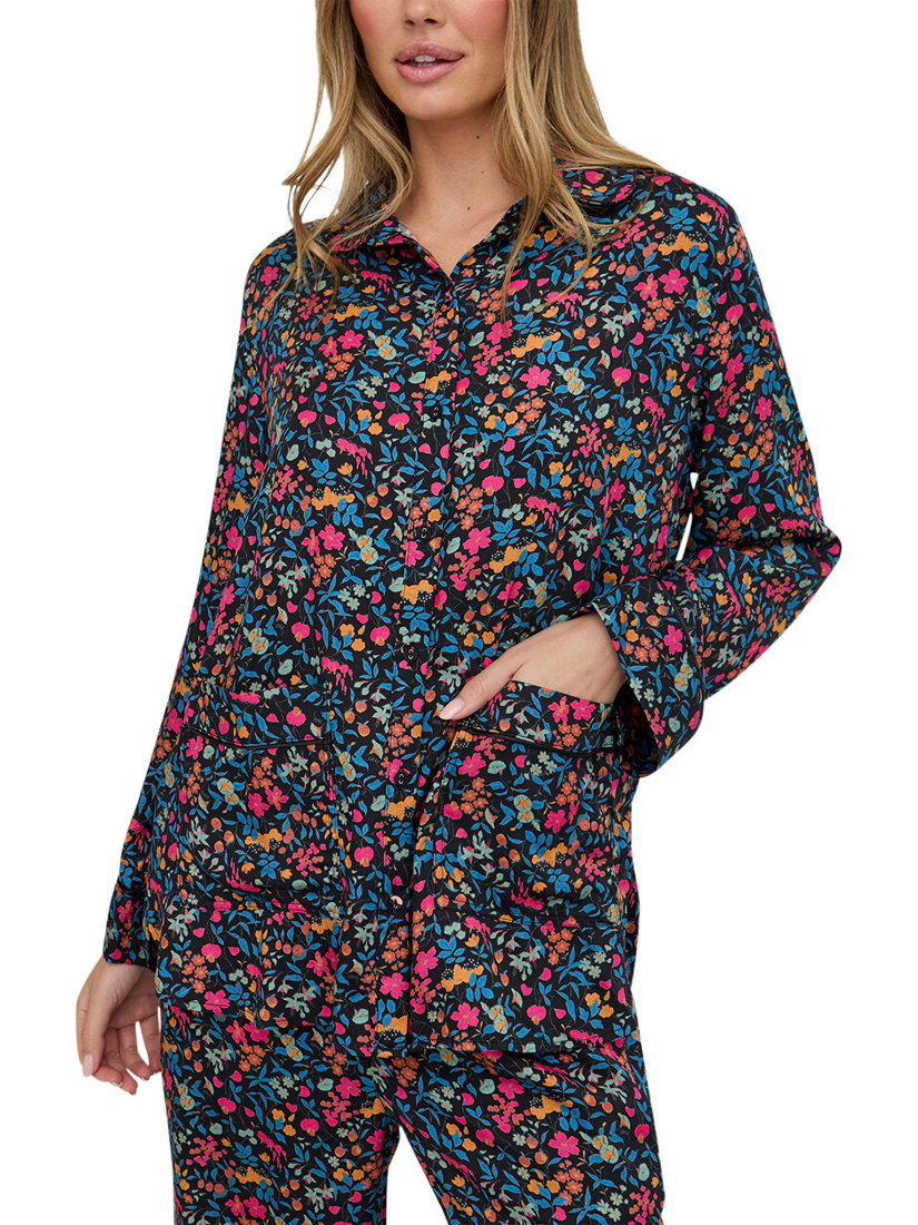 Product image 3 of 6, which shows Lily and Lionel Evie Floral Button Through Long Pyjama Set, Black, S