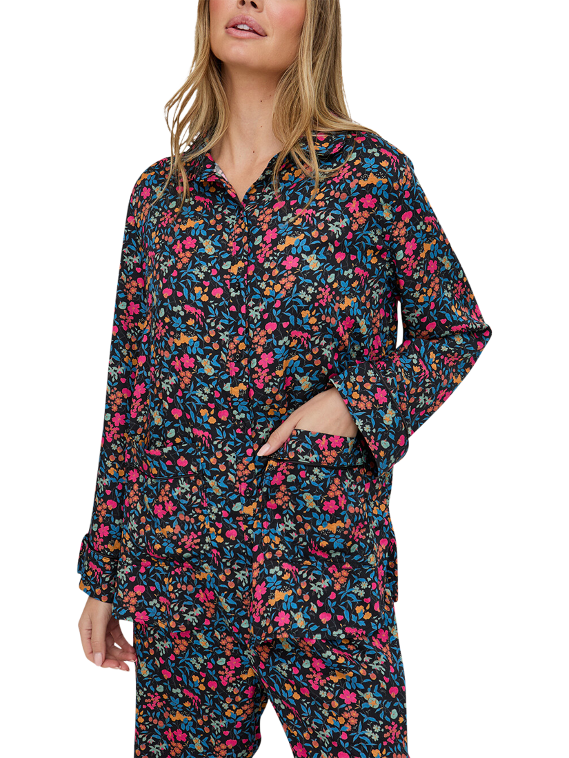Product image 4 of 6, which shows Lily and Lionel Evie Floral Button Through Long Pyjama Set, Black, S