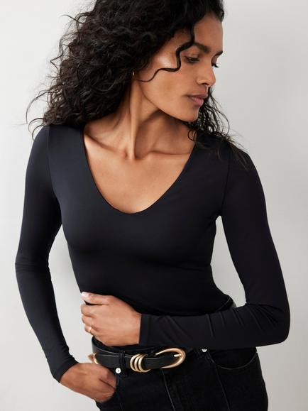 Mint Velvet V-Neck Long Sleeve Layering Top, Black - view 2, Black