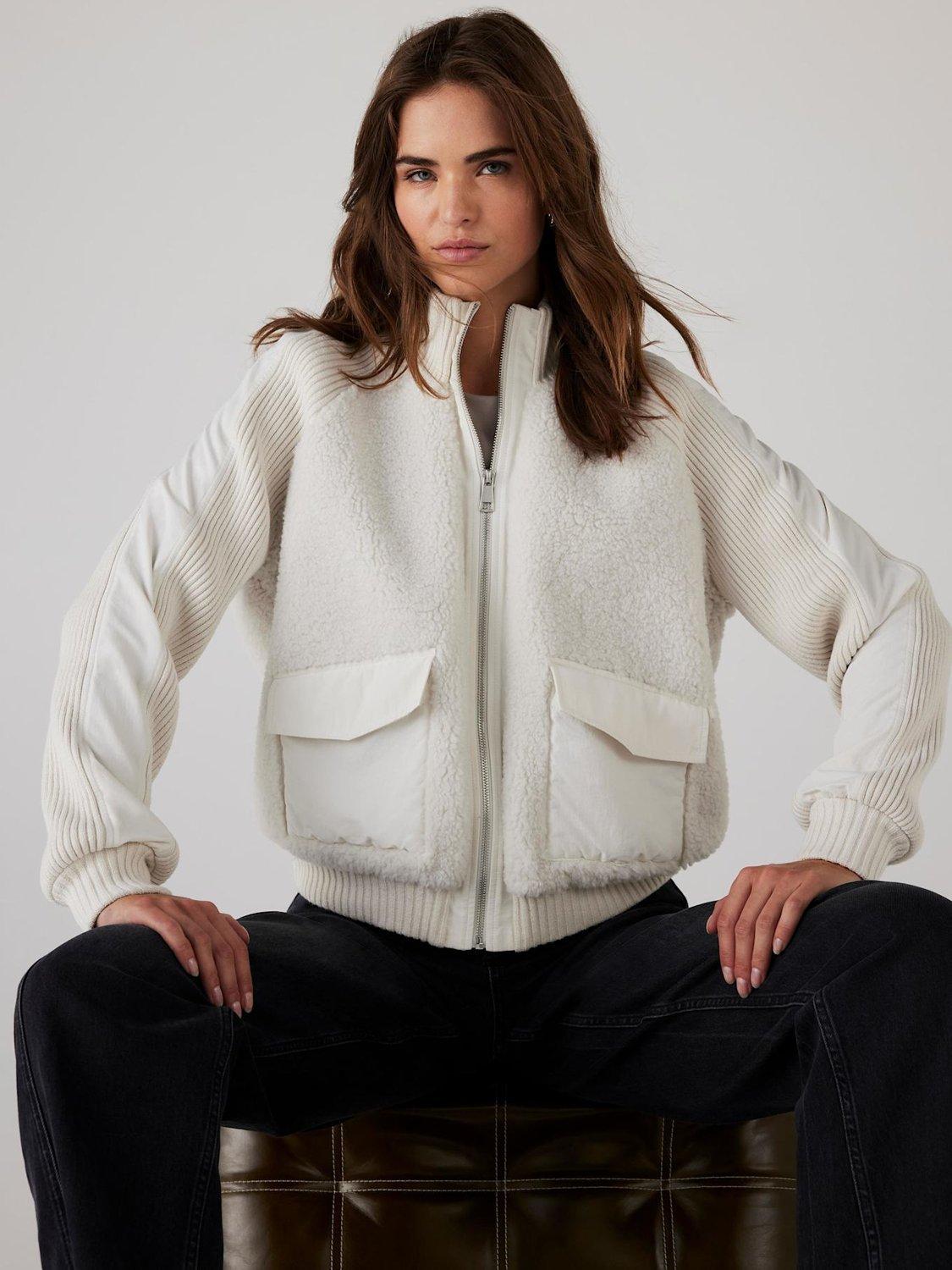 Product image 1 of 8, which shows Mint Velvet High Neck Bomber Jacket, White Ivory, L