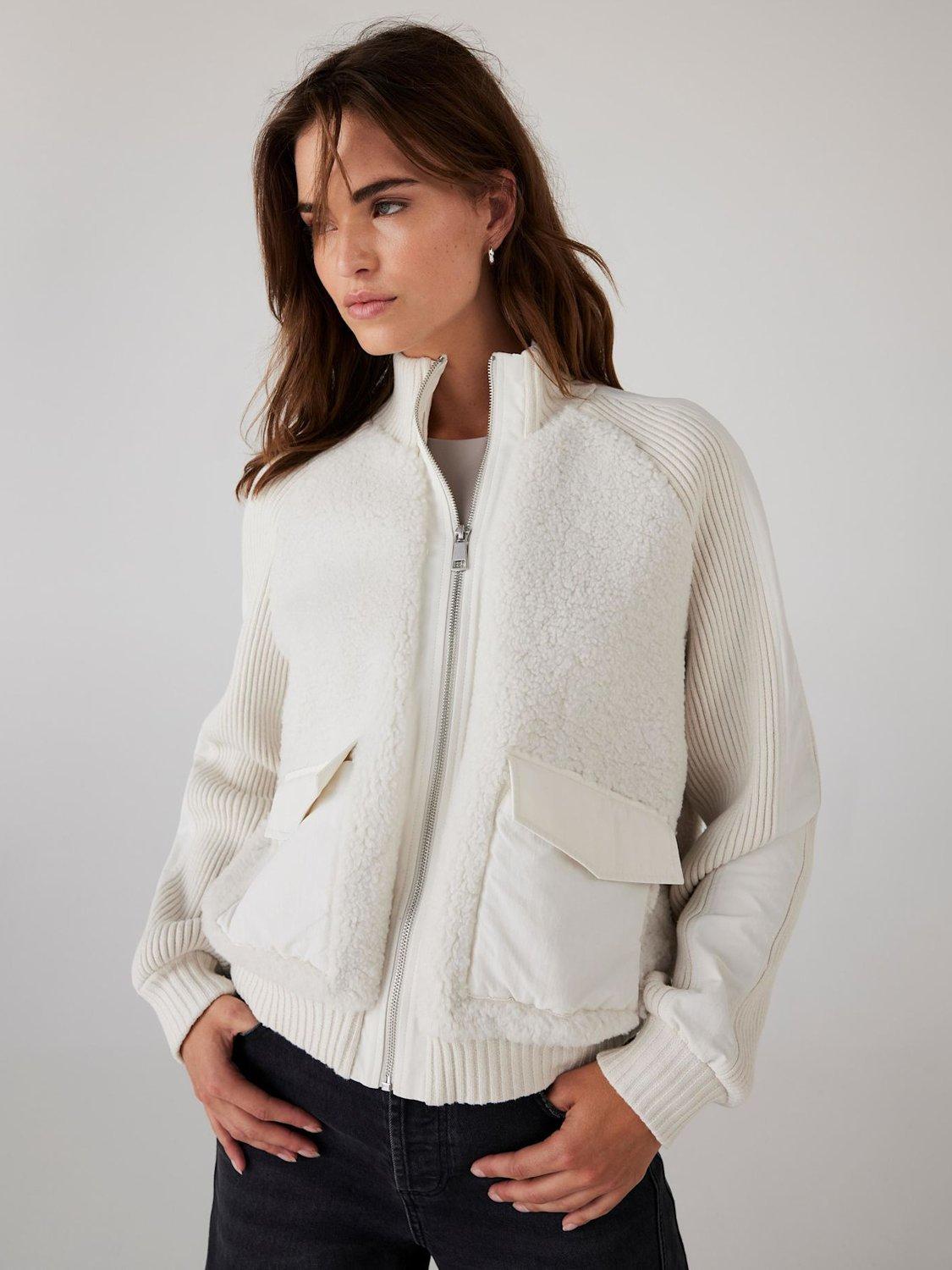 Product image 2 of 8, which shows Mint Velvet High Neck Bomber Jacket, White Ivory, L