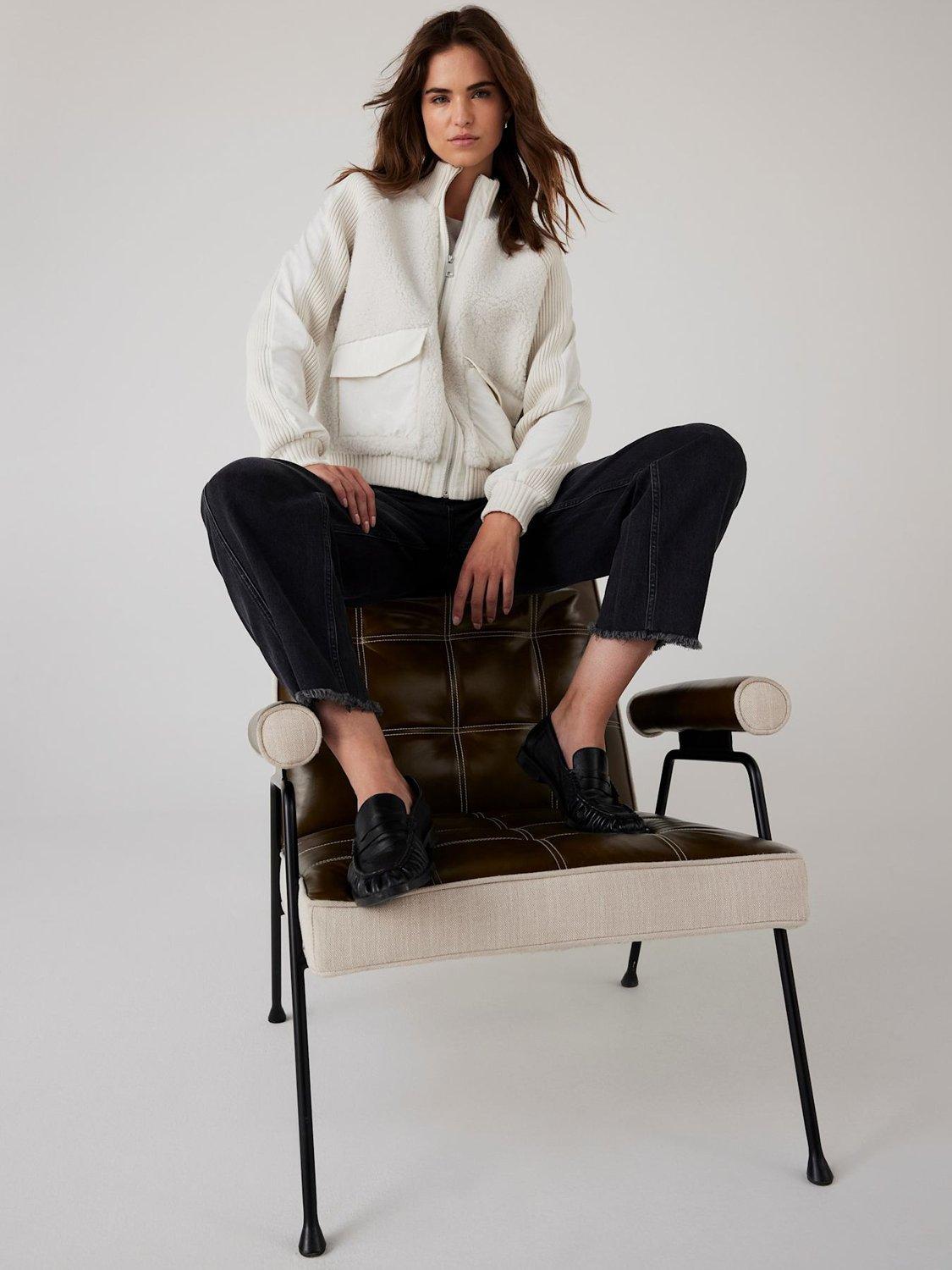 Product image 6 of 8, which shows Mint Velvet High Neck Bomber Jacket, White Ivory, L