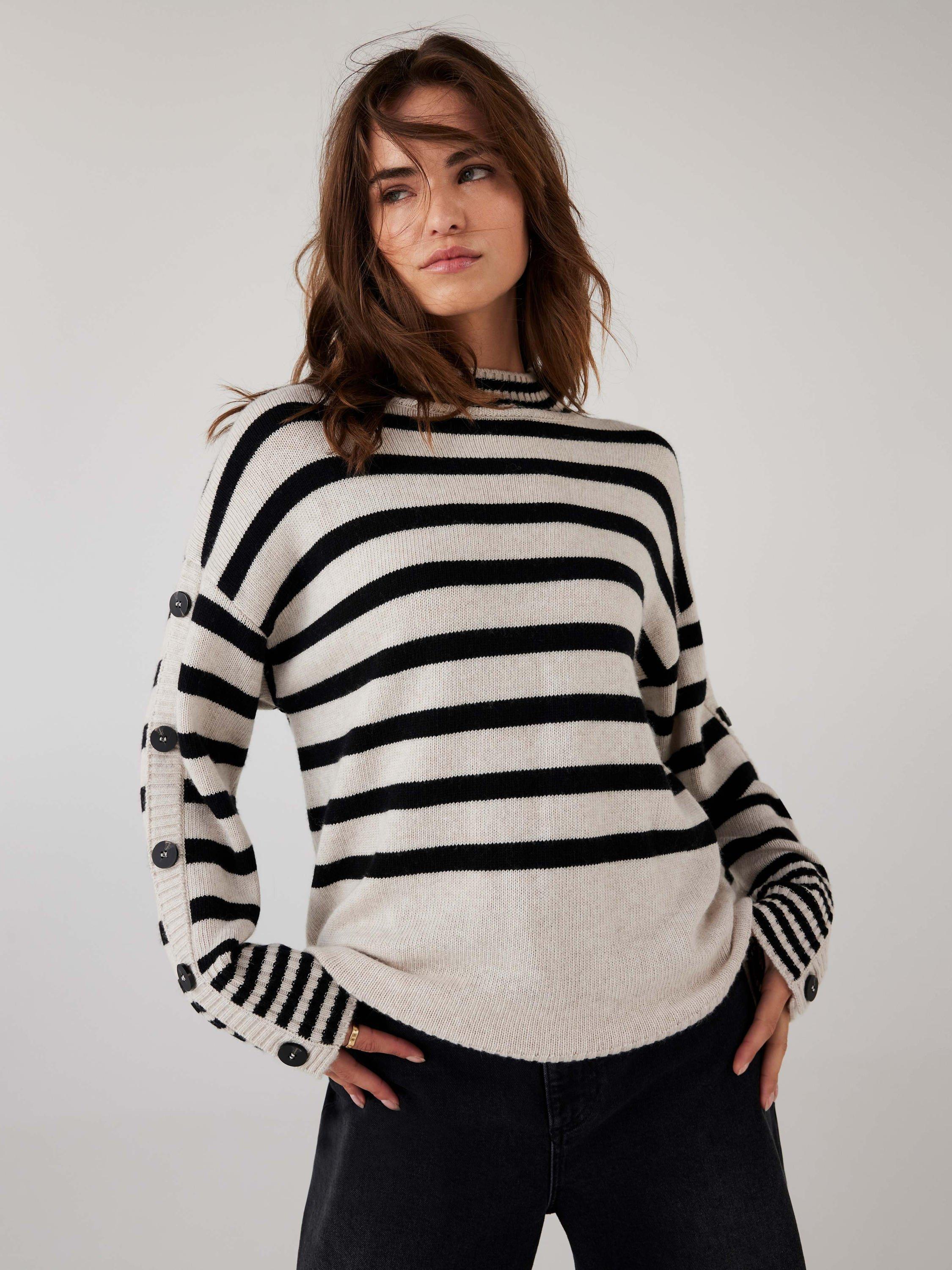 Product image 1 of 8, which shows Mint Velvet Stripe Longline Jumper, Natural Stone, XS